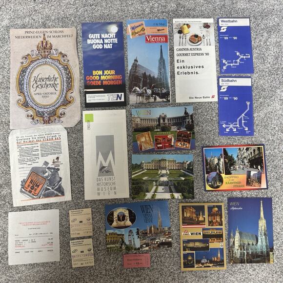 Vintage 90s Austrian Travel Paper Ephemera Postcards Tickets Map Brochure Vienna - Picture 1 of 16